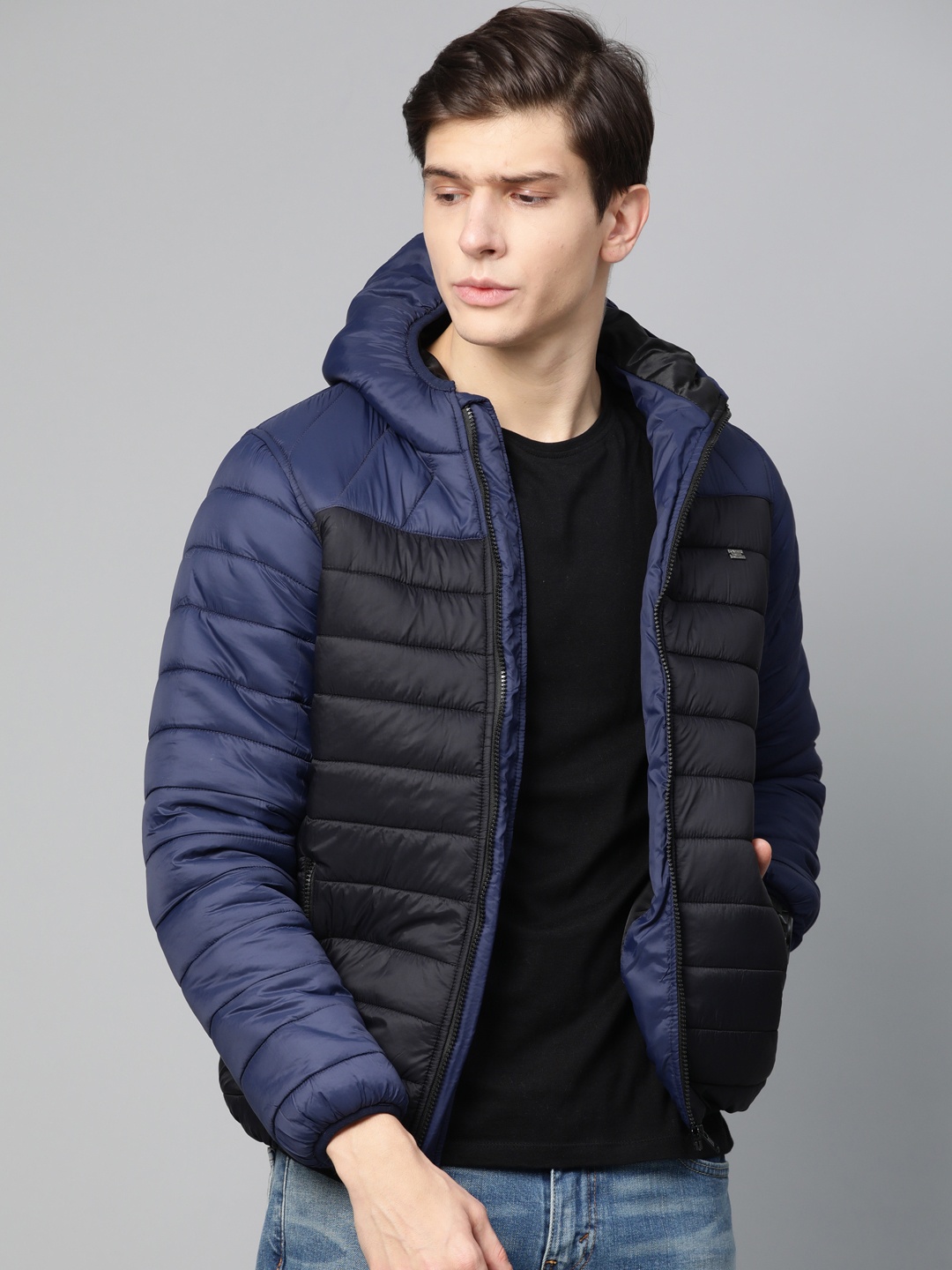 

Roadster Men Navy Blue & Black Hooded Colourblocked Padded Jacket