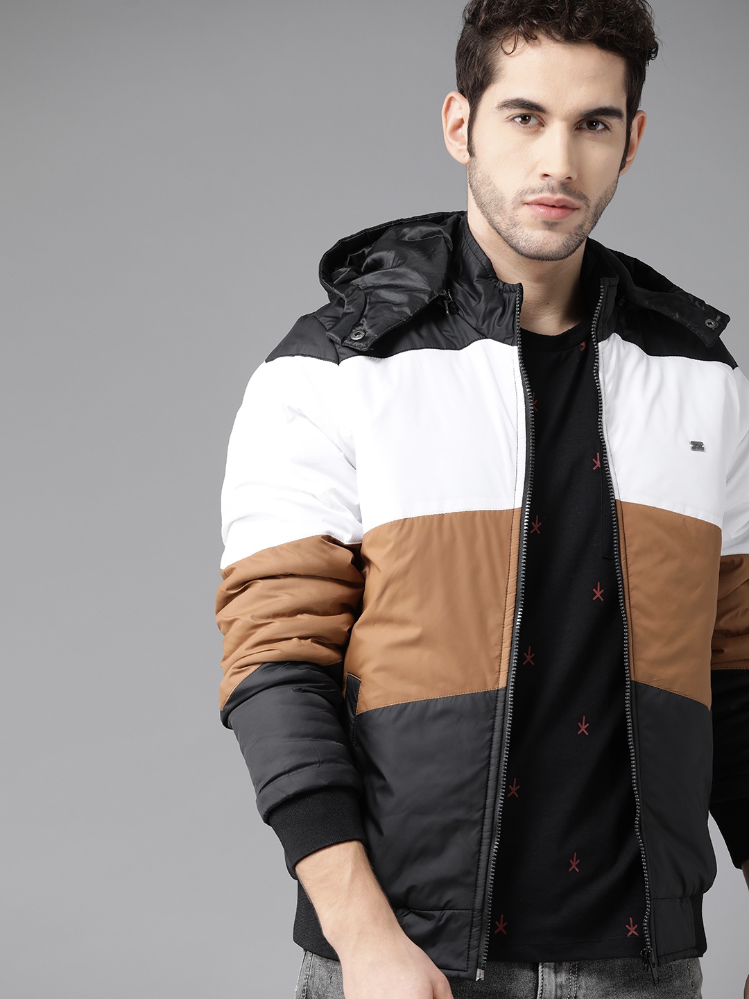 

Roadster Men White Striped Bomber Jacket with Detachable Hood