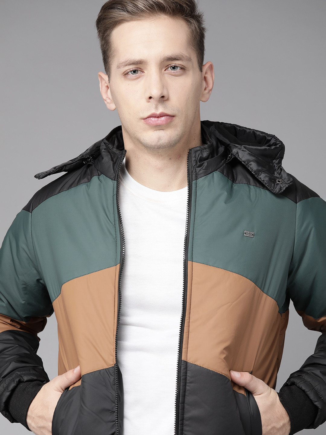 

Roadster Men Green & Beige Colourblocked Detachable Hood Bomber Jacket