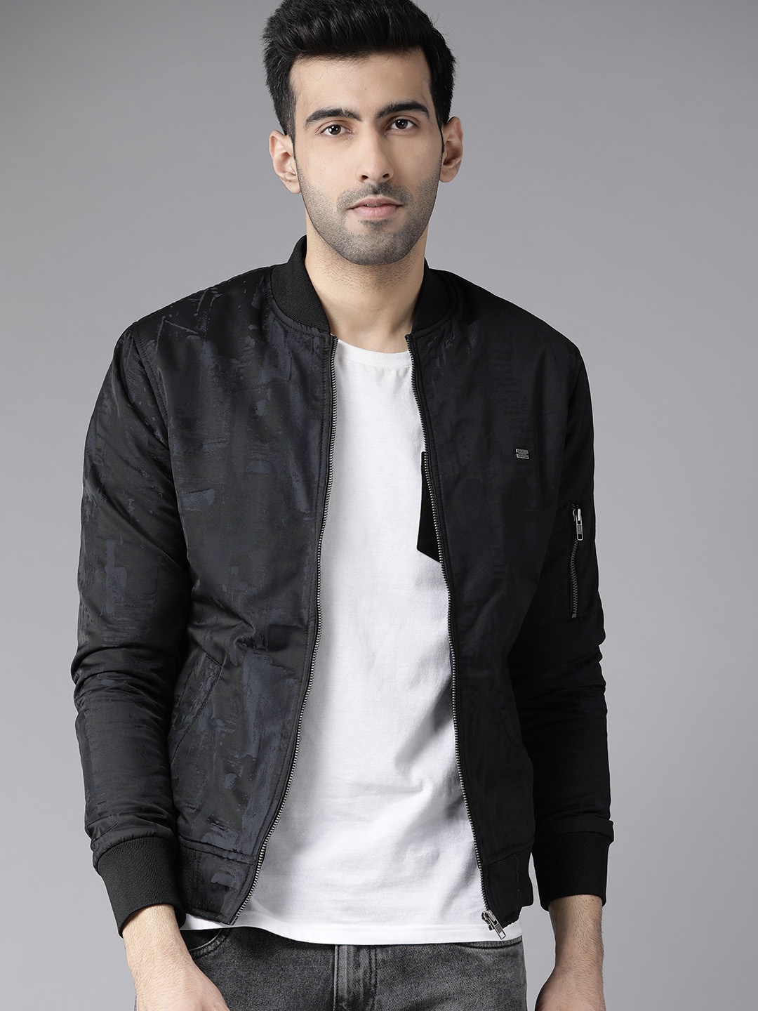 

Roadster Men Black & Navy Blue Printed Bomber Jacket
