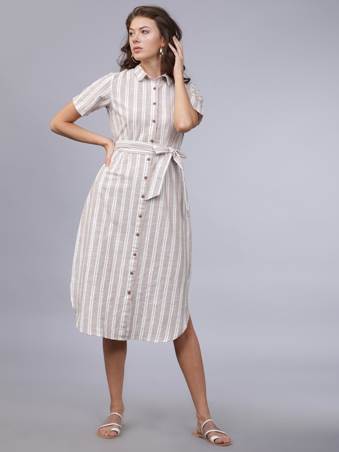 

Tokyo Talkies Women Beige & White Striped Shirt Dress
