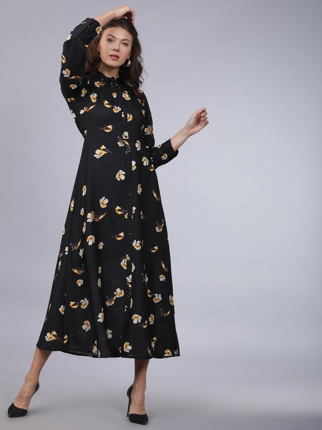 

Tokyo Talkies Women Black Floral Printed Shirt Dress