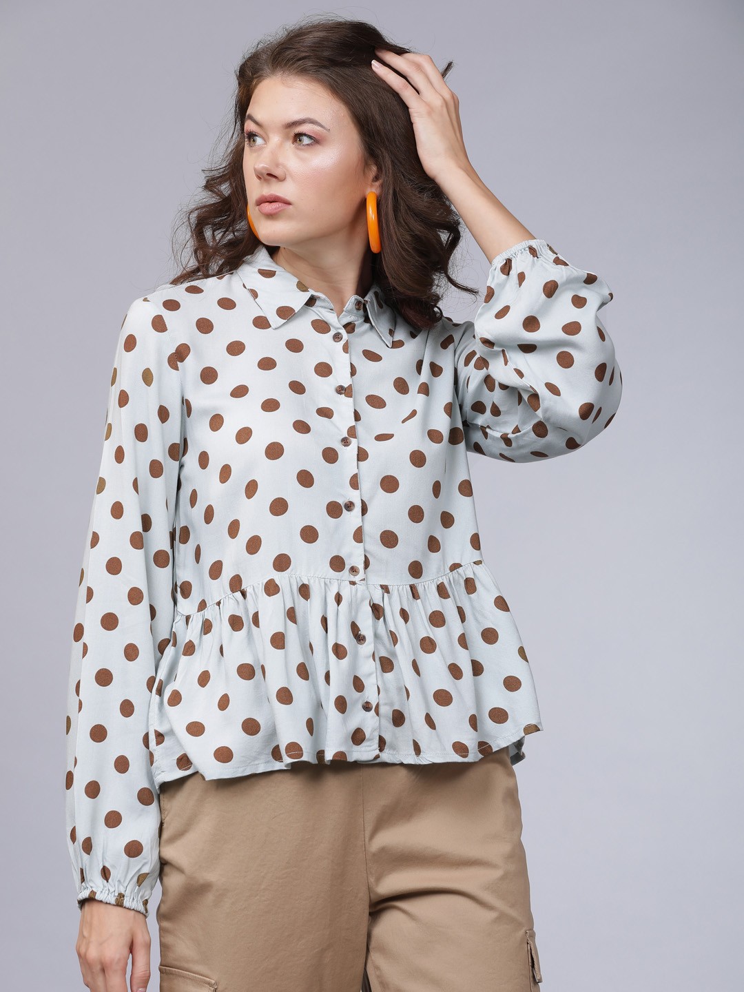 

Tokyo Talkies Women Blue & Brown Polka Dot Printed Shirt Style Top