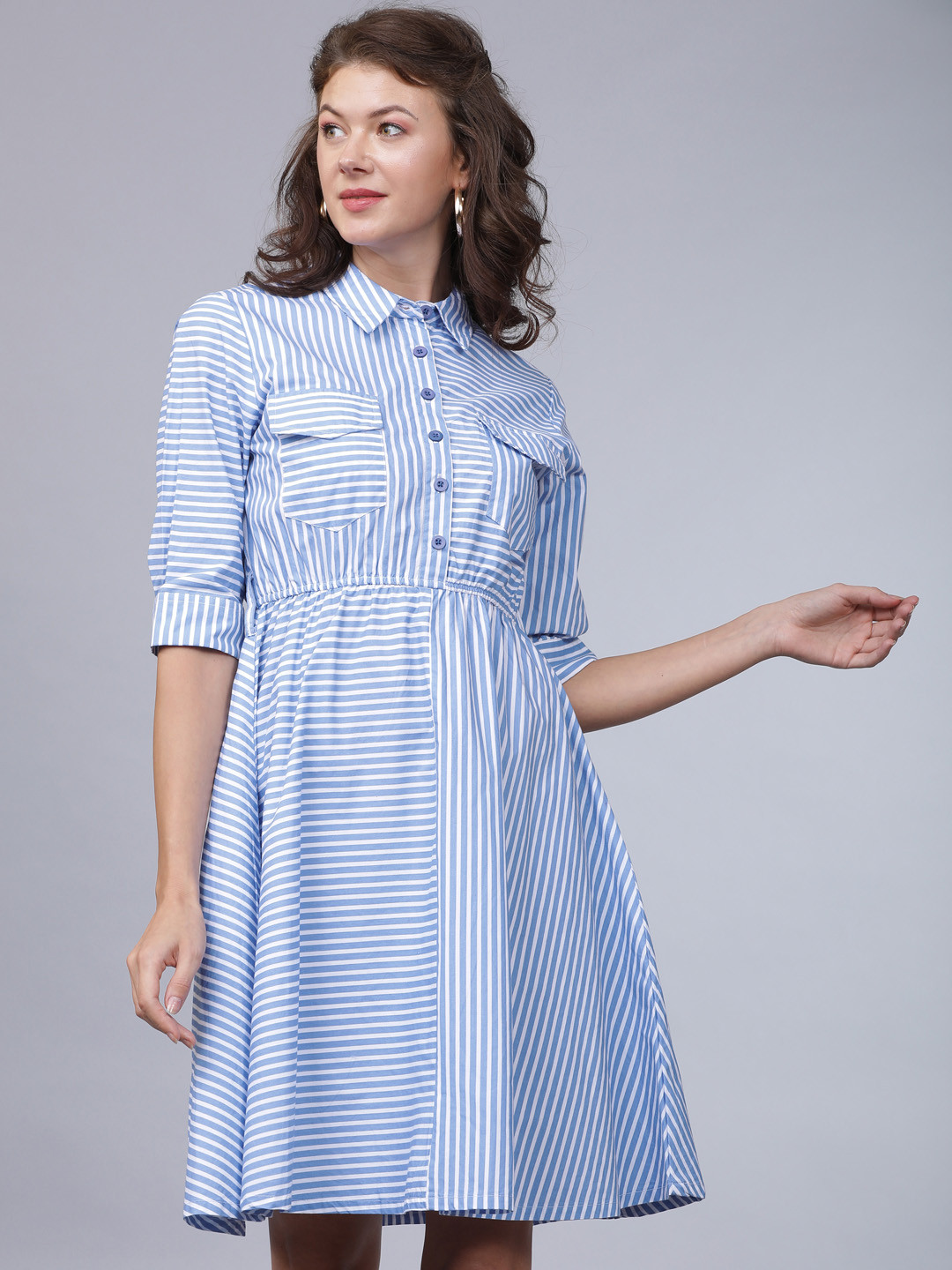 

Tokyo Talkies Women Blue & White Striped Fit and Flare Dress