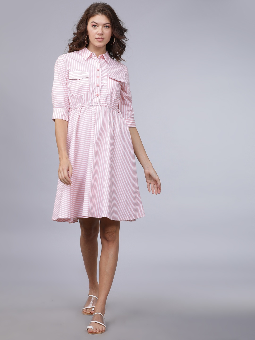

Tokyo Talkies Women Pink Striped Shirt Dress
