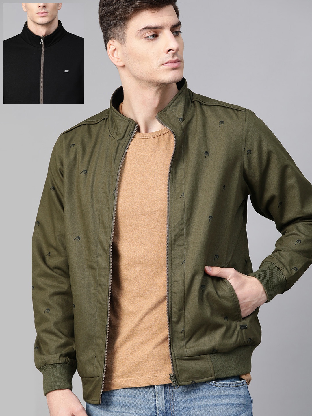 

Roadster Men Olive Green Quirky Print Reversible Bomber Jacket