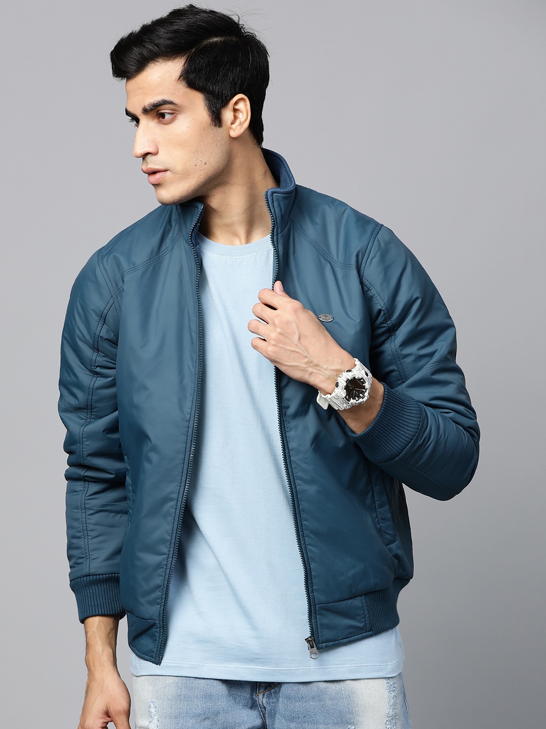 

Roadster Men Teal Blue Solid Bomber Jacket