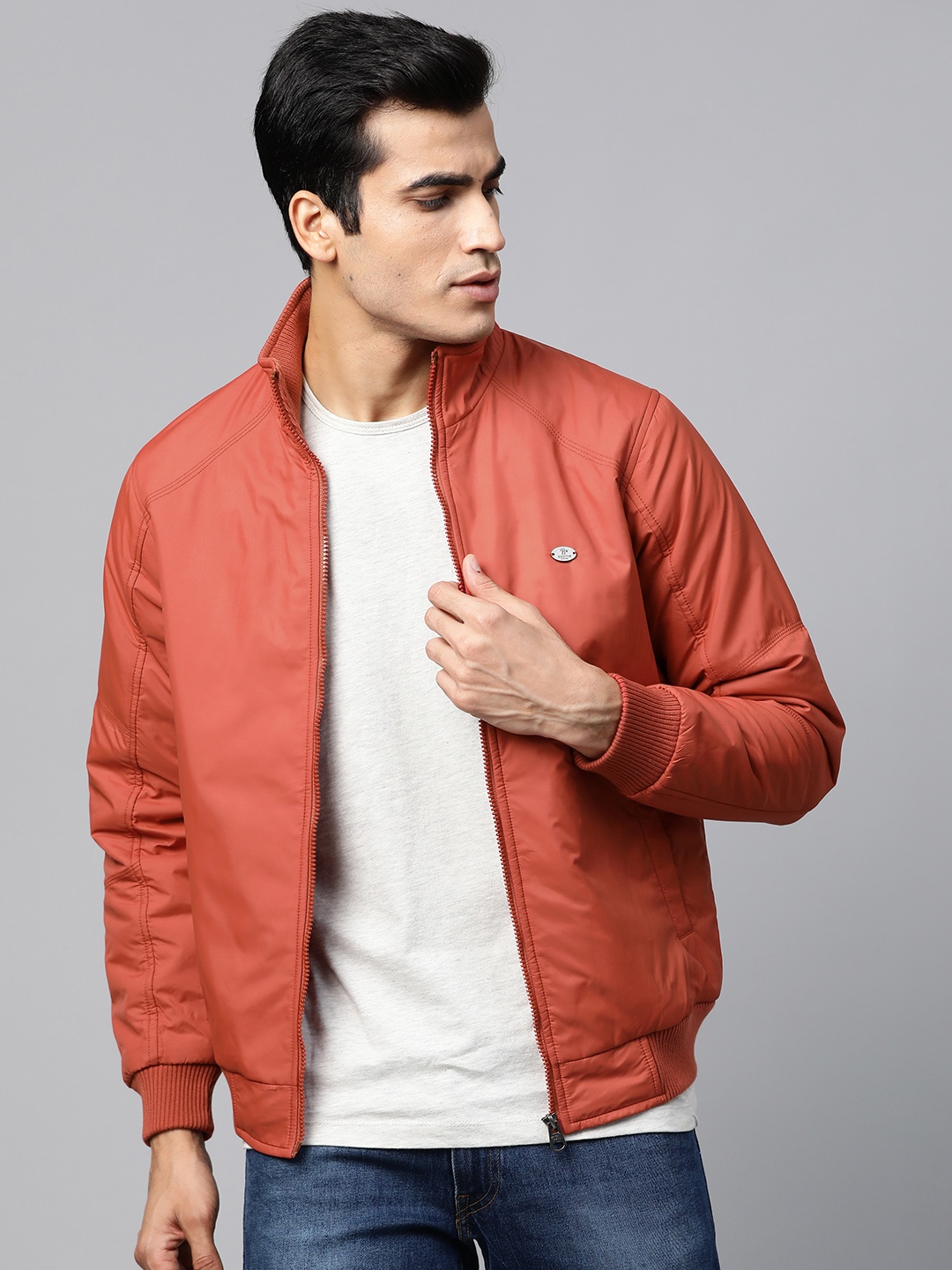 

Roadster Men Rust Orange Solid Bomber Jacket