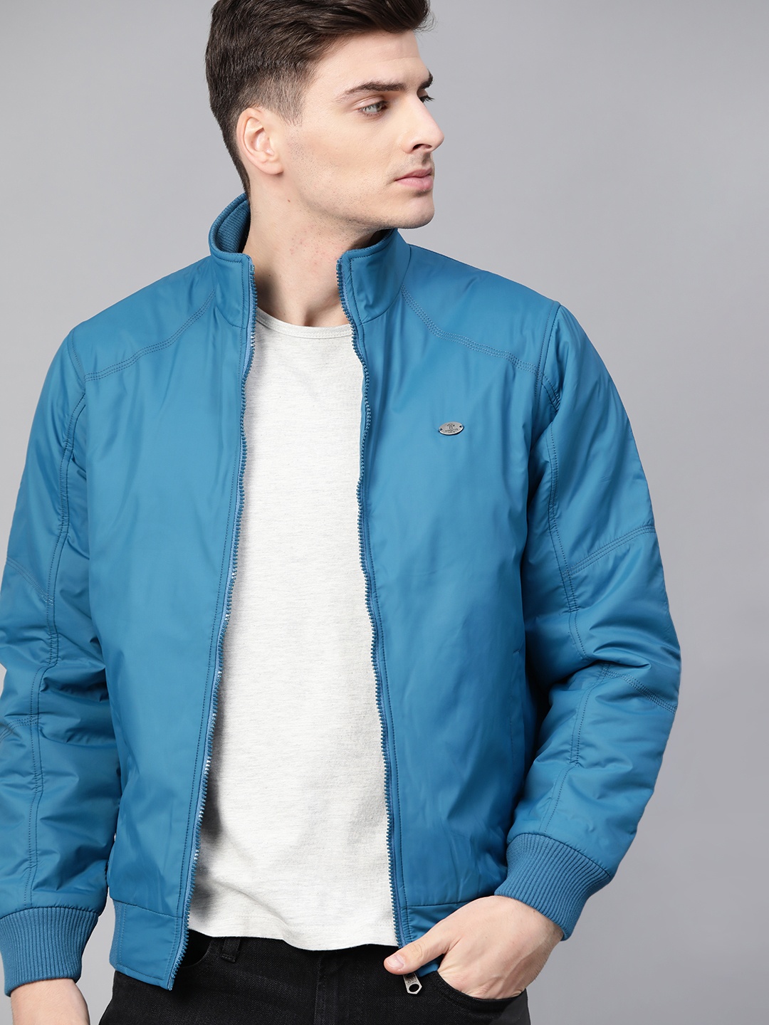 

Roadster Men Teal Blue Solid Bomber Jacket