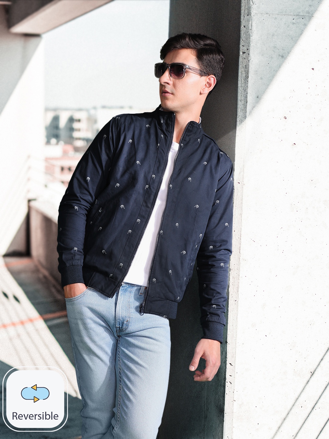 

Roadster Men Navy Blue Quirky Print Reversible Sustainable Bomber Jacket
