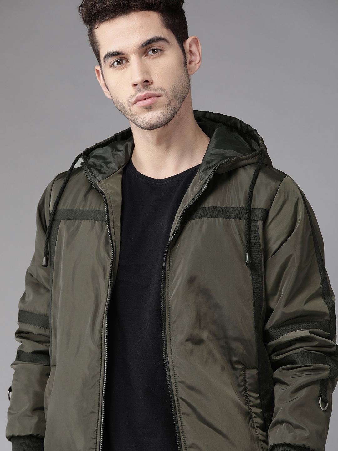 

Roadster Men Olive Green Solid Bomber Jacket