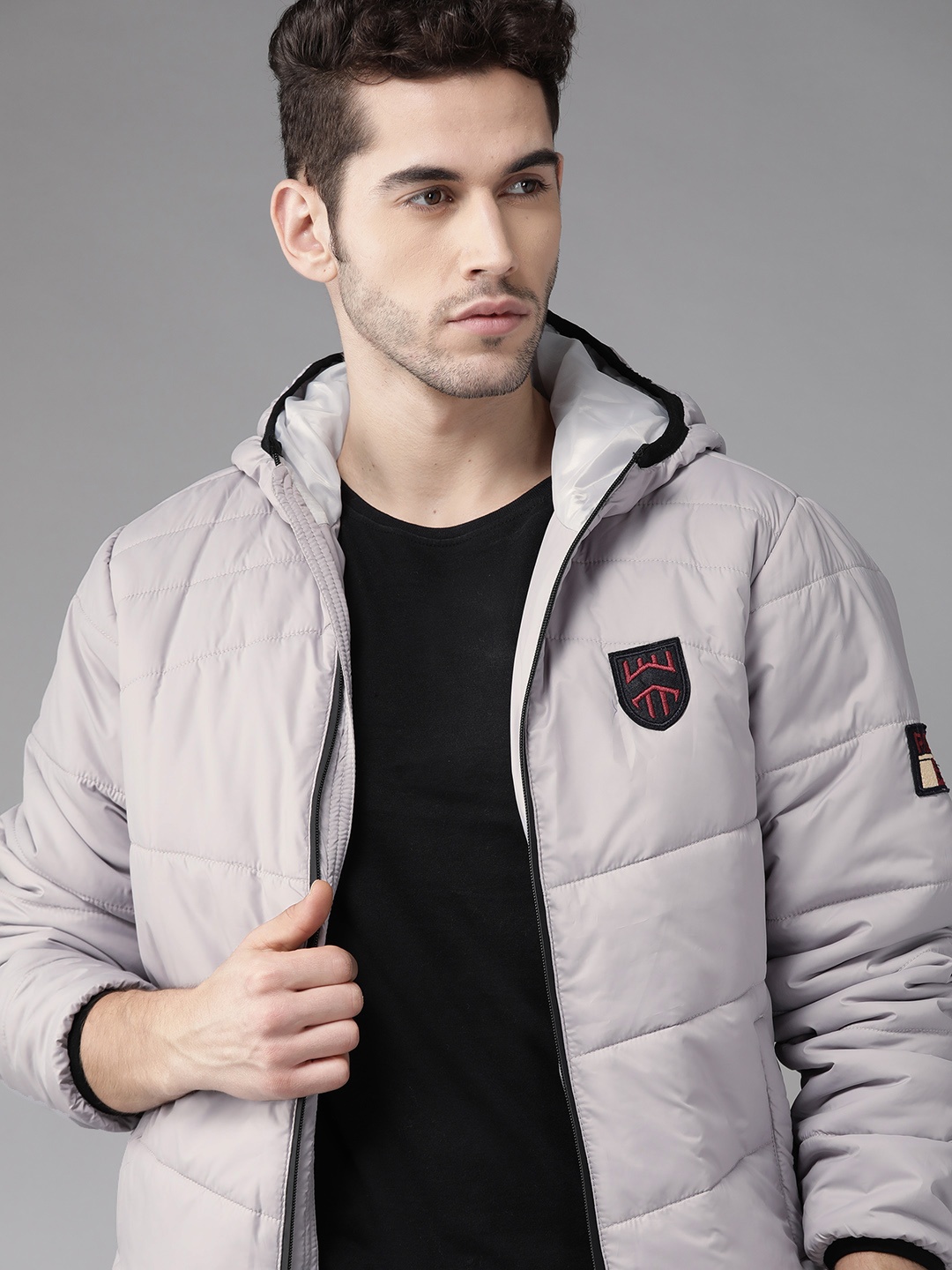 

Roadster Men Grey Solid Hooded Padded Jacket