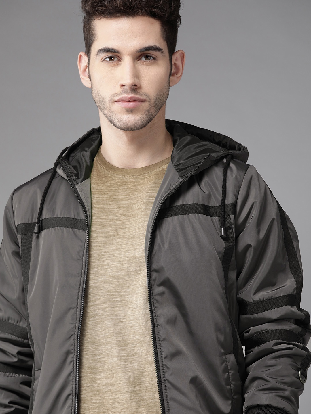 

Roadster Men Charcoal Grey Solid Bomber Jacket