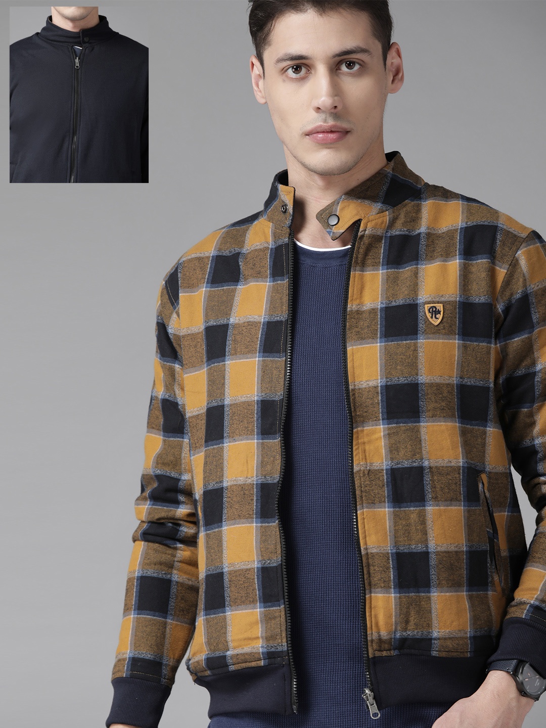 

Roadster Men Mustard Brown & Navy Blue Checked Reversible Bomber Jacket