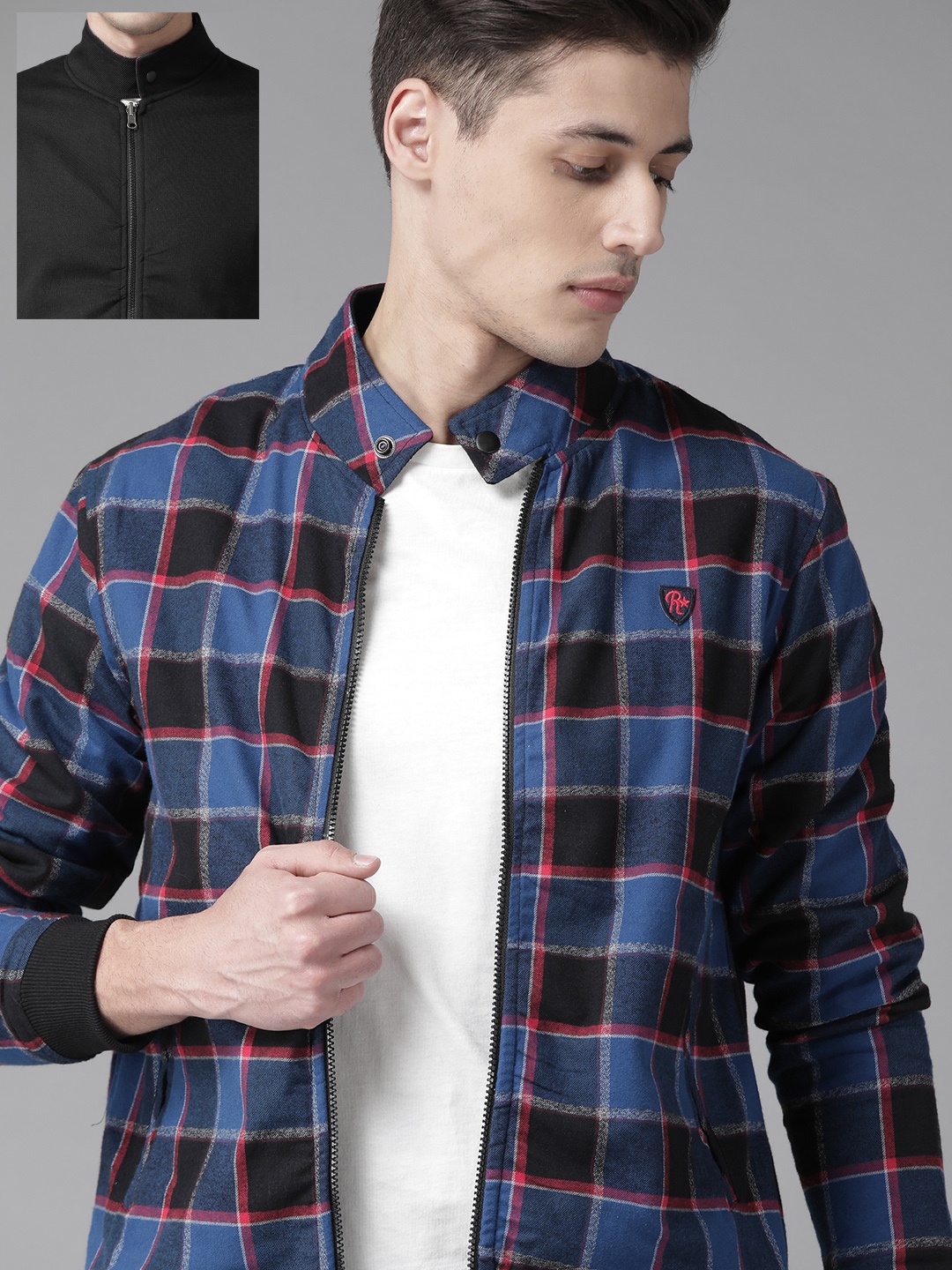 

Roadster Men Blue & Black Checked Reversible Bomber Jacket