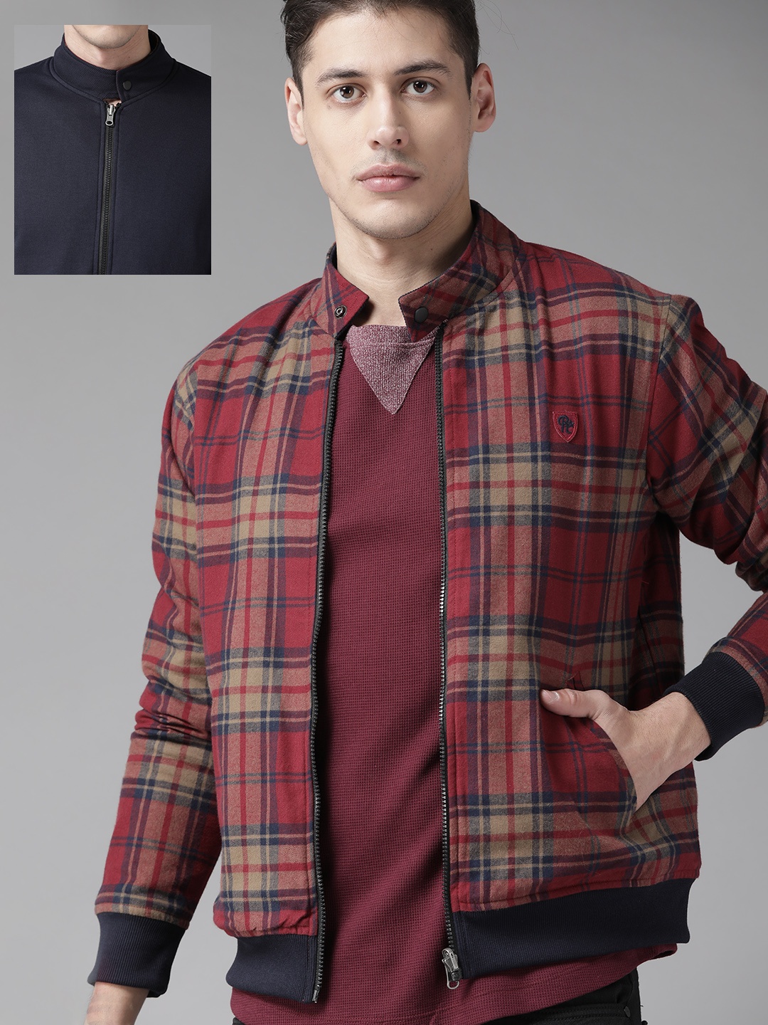 

Roadster Men Maroon & Navy Blue Reversible Checked Bomber Jacket