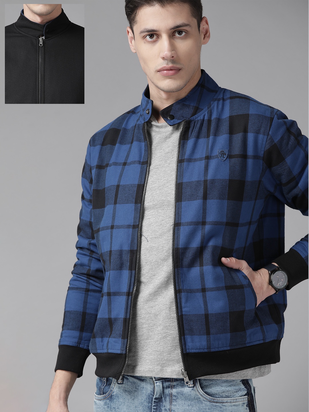 

Roadster Men Blue & Black Checked Reversible Bomber Jacket