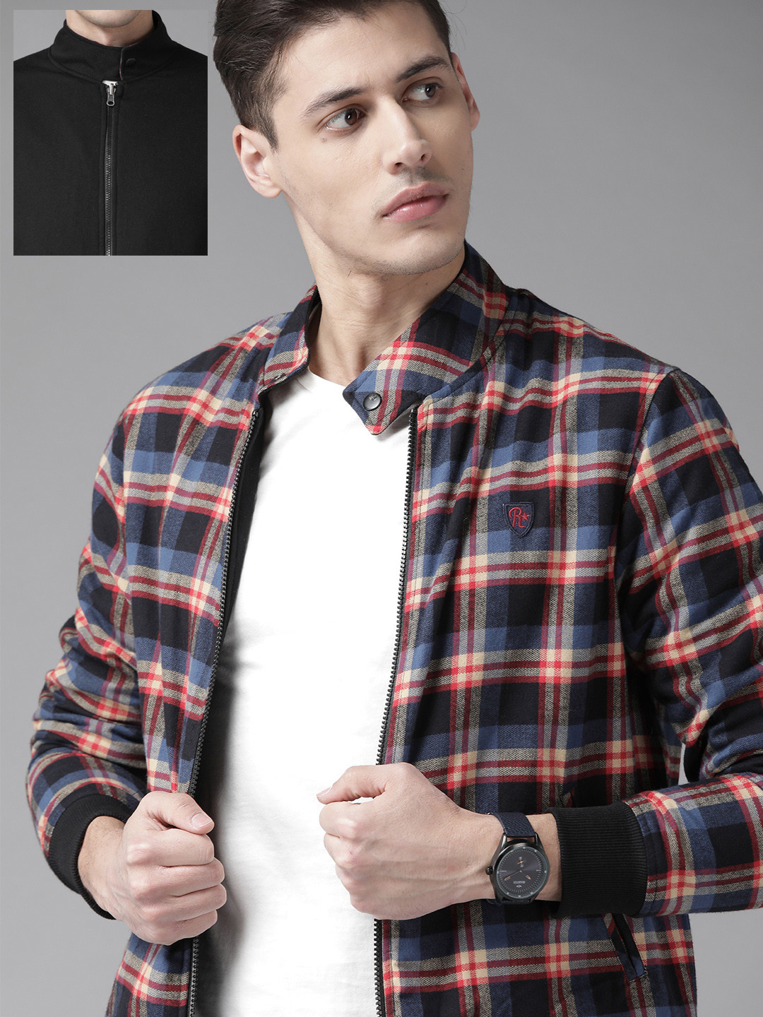 

Roadster Men Blue & Black Checked Reversible Bomber Jacket