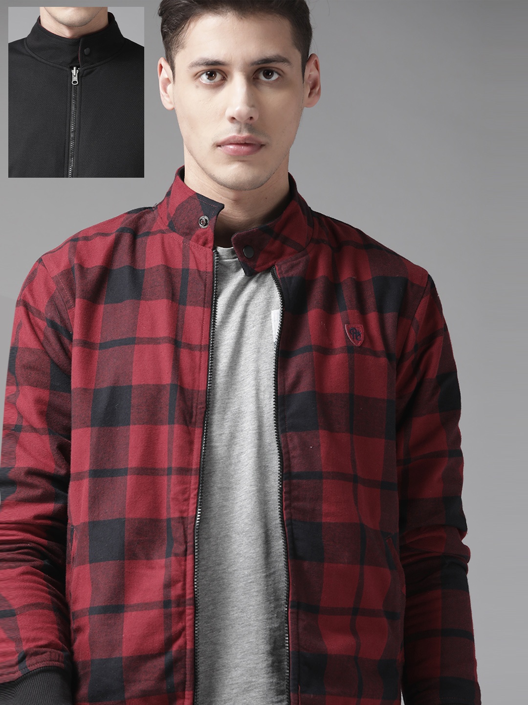 

Roadster Men Red & Black Checked Reversible Bomber Jacket