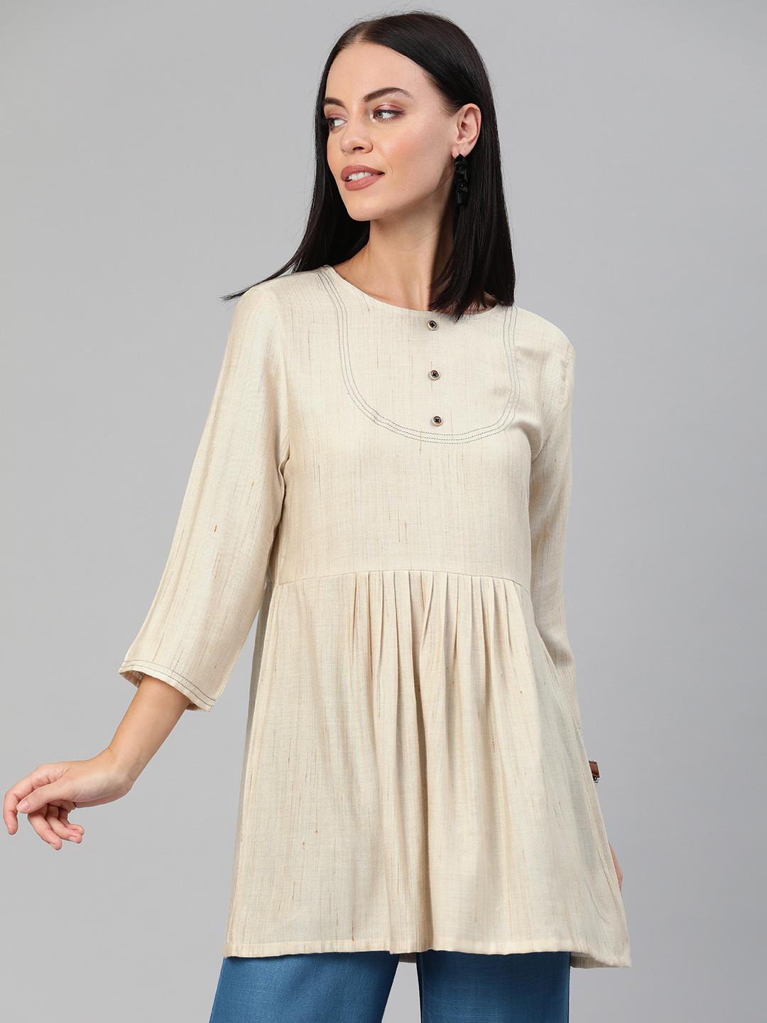 

Anouk Women Off-White Solid Pleated A-Line Top With Embroidered Detailing