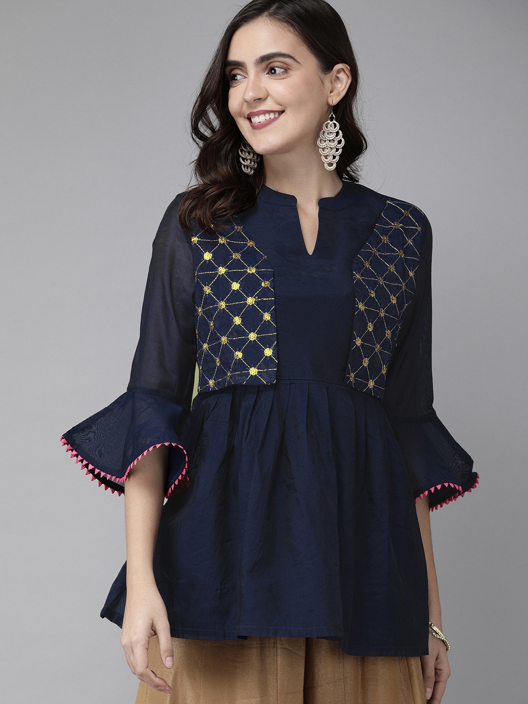 

Anouk Women Navy Blue Sequin Embroidered Gathered A-Line Top