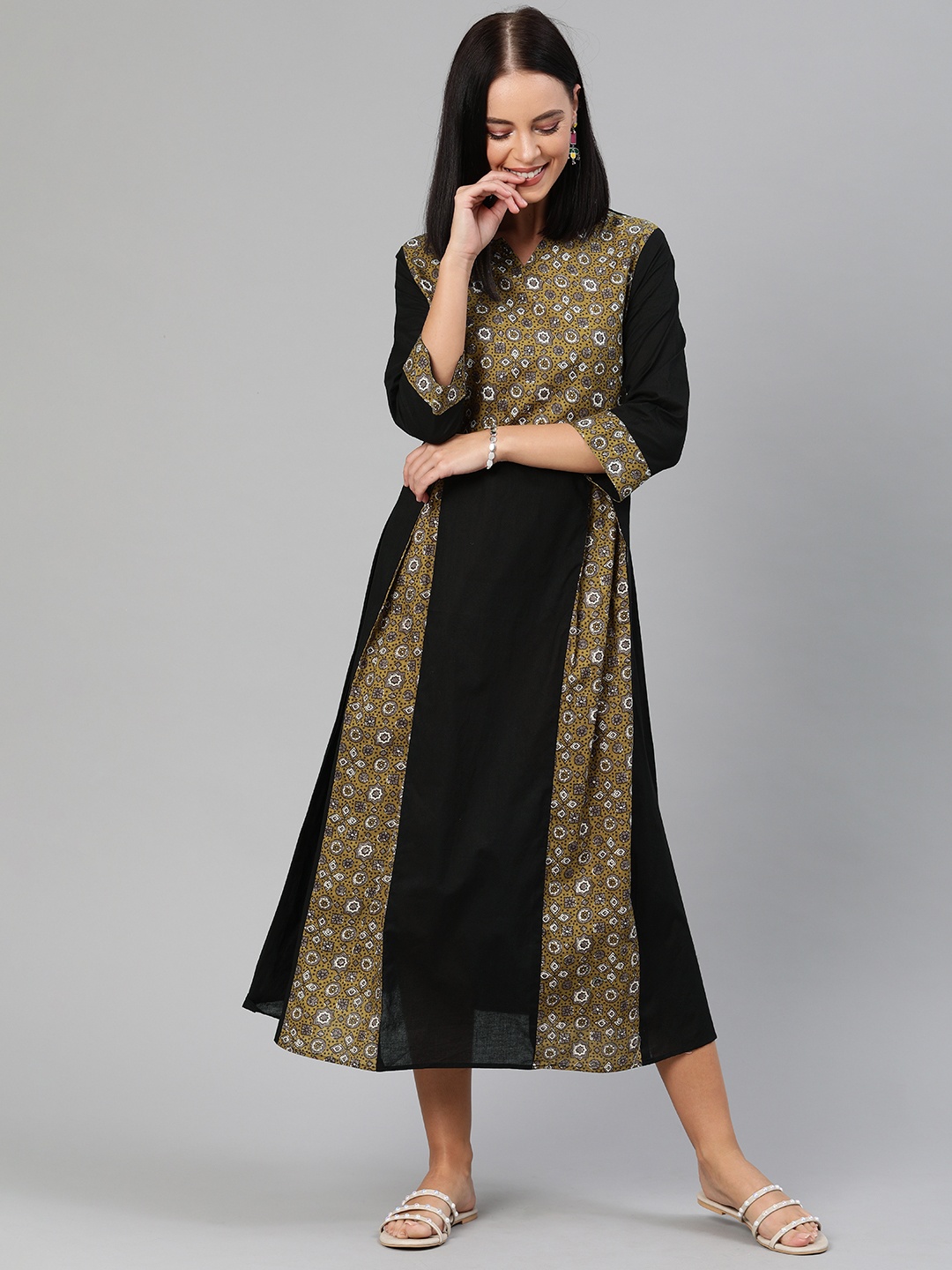 

Anouk Women Black & Olive Green Printed Fit and Flare Dress