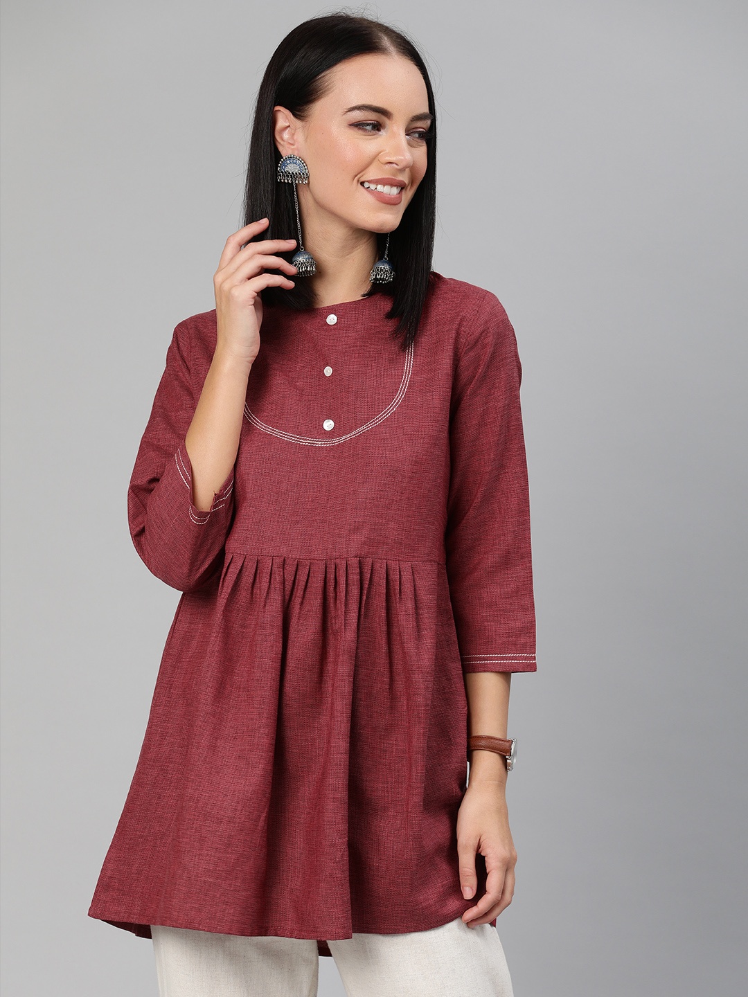 

Anouk Women Maroon Solid Pleated A-Line Top With Embroidered Detailing