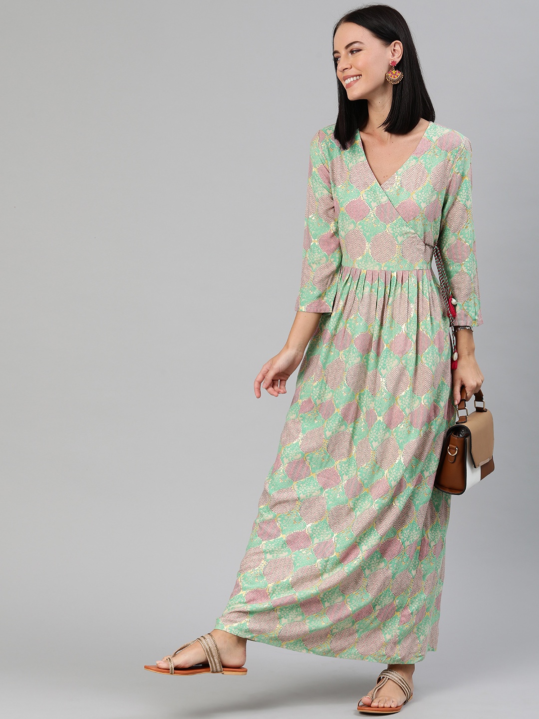 

Anouk Women Green & Pink Printed Maxi Dress