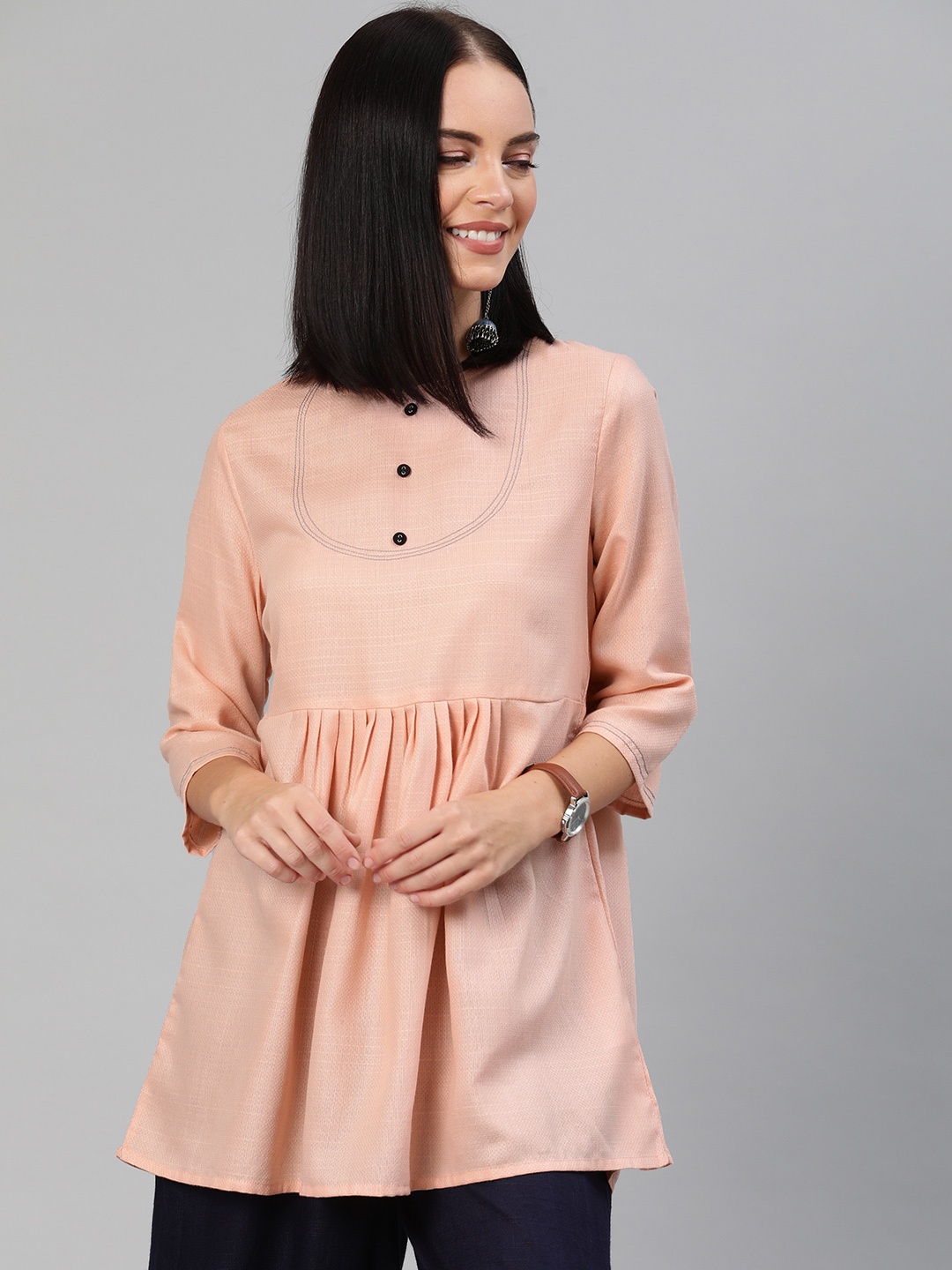 

Anouk Women Peach-Coloured Solid Pleated A-Line Top With Embroidered Detailing