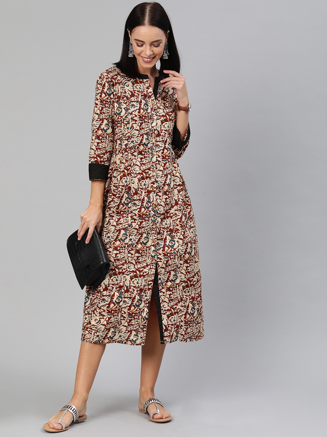 

Anouk Women Beige & Maroon Printed Fit and Flare Dress