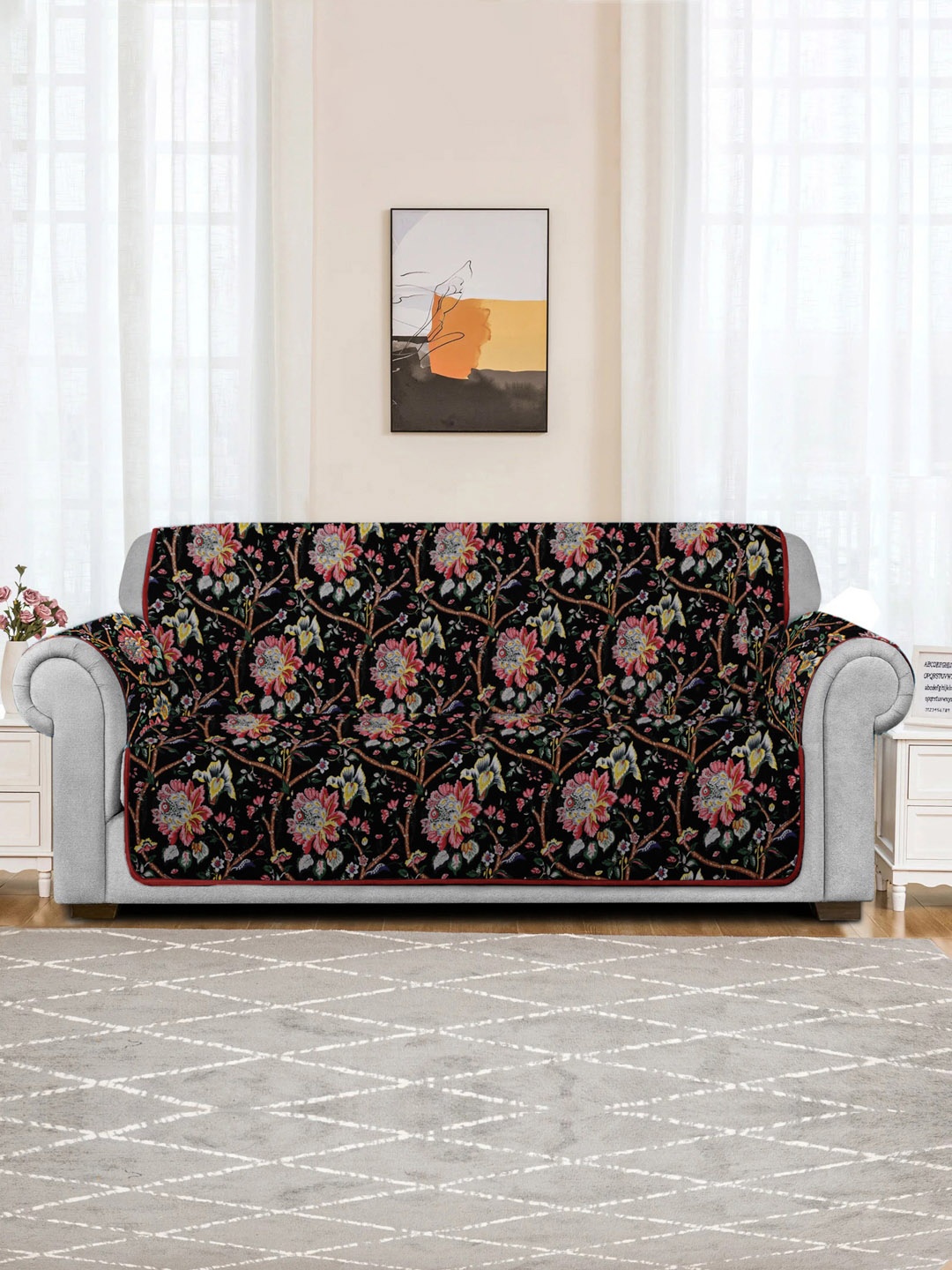 

Rajasthan Decor Multicoloured Floral Print Quilted 3 Seater Sofa Cover, Multi