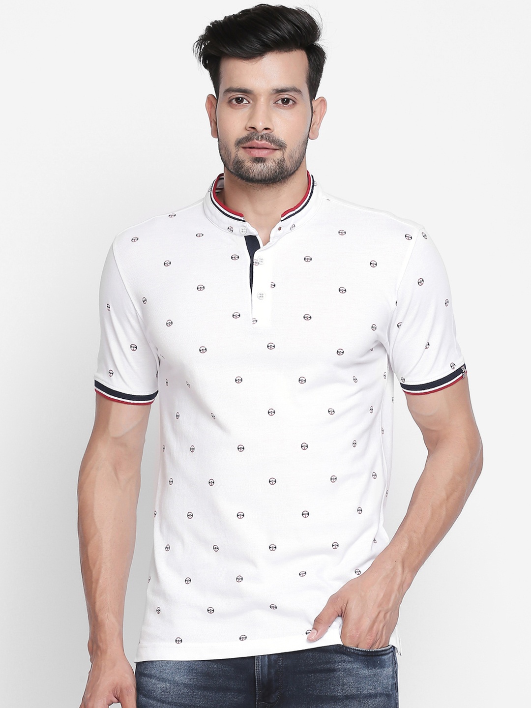 

BYFORD by Pantaloons Men White Printed Mandarin Collar T-shirt