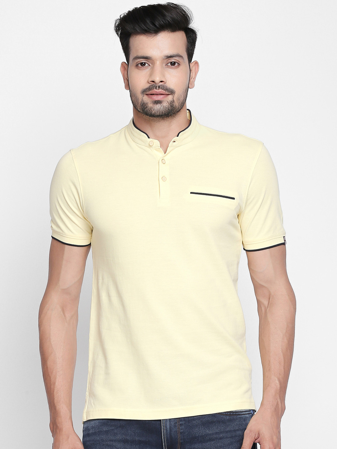 

BYFORD by Pantaloons Men Yellow Solid Mandarin Collar T-shirt