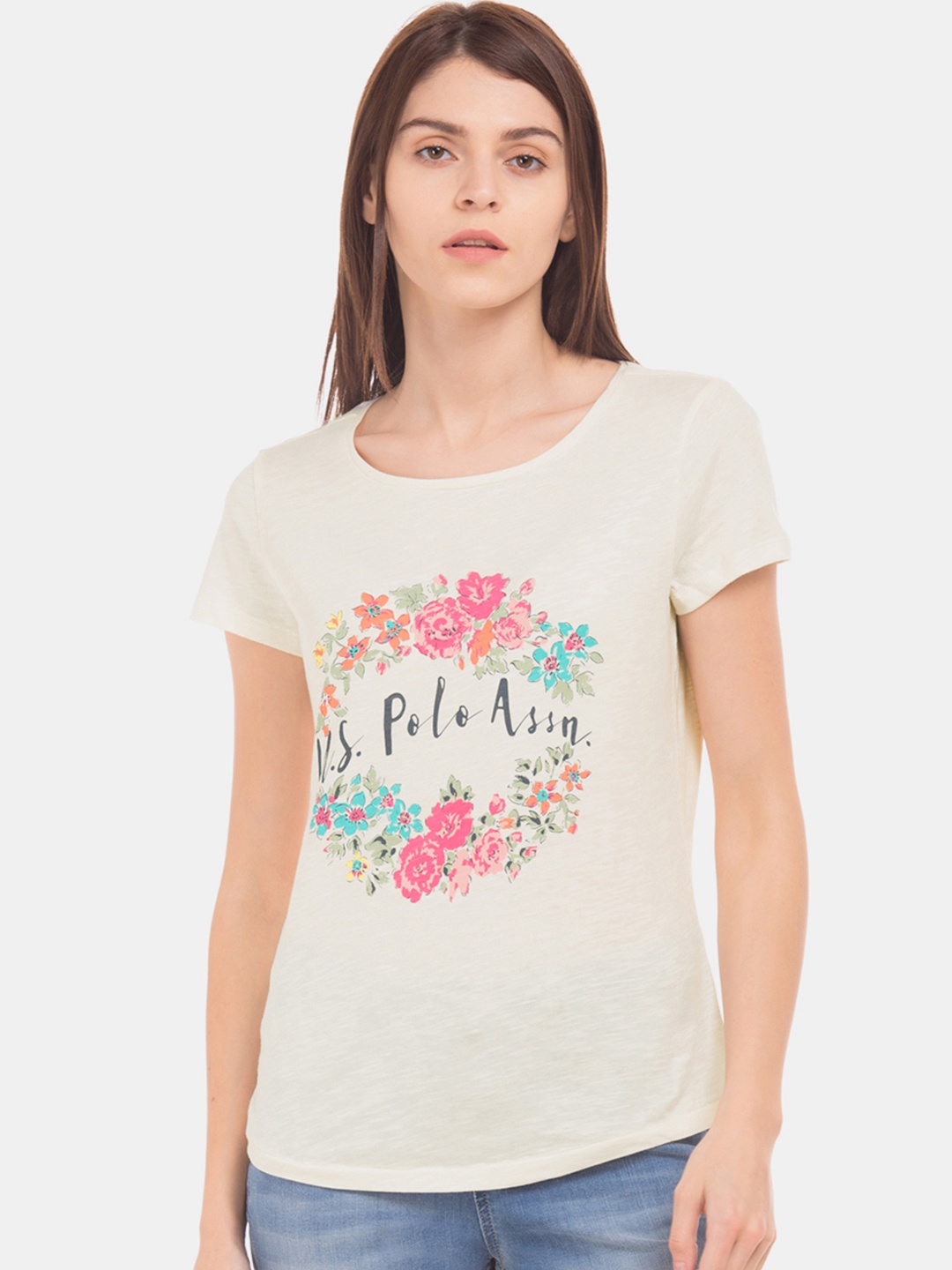 

U.S. Polo Assn. Women Women Off-White Printed Round Neck T-shirt