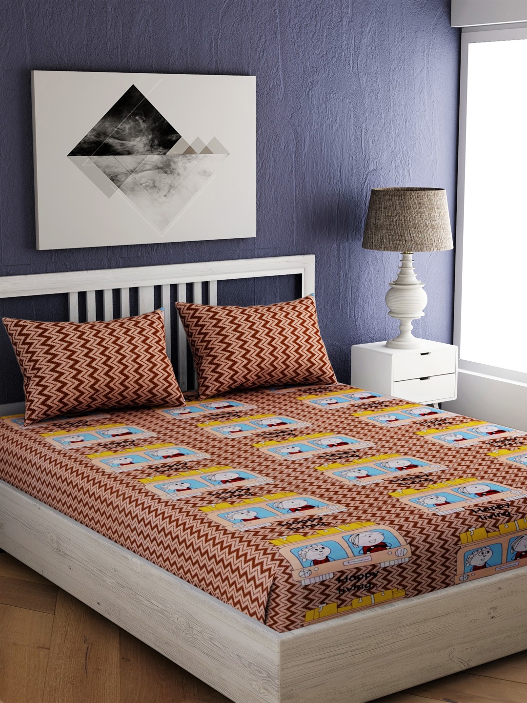 

EverHOME Brown & Blue Geometric 144 TC Cotton 1 Queen Bedsheet with 2 Pillow Covers