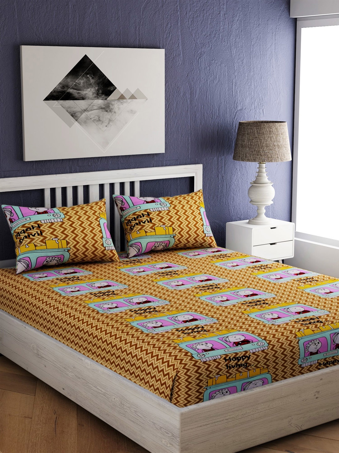 

EverHOME Yellow & Grey Geometric 144 TC Cotton 1 Queen Bedsheet with 2 Pillow Covers