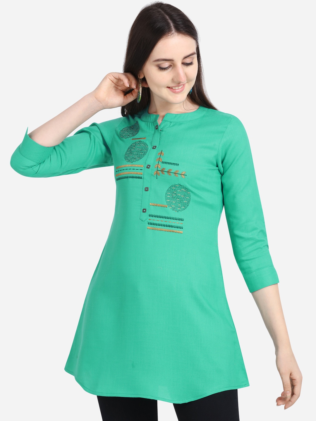 

Kvsfab Women Sea Green Embroidered A-Line Kurti