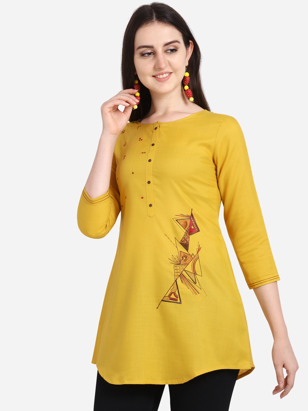 

Kvsfab Women Mustard Yellow & Brown Embroidered A-Line Kurti