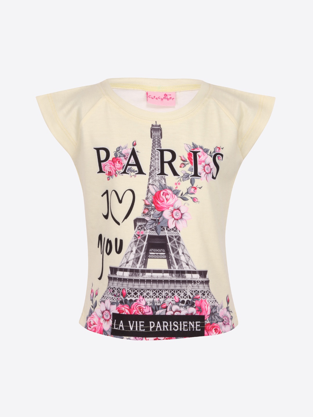 

CUTECUMBER Girls Yellow & Black Eiffel Tower Print T-shirt