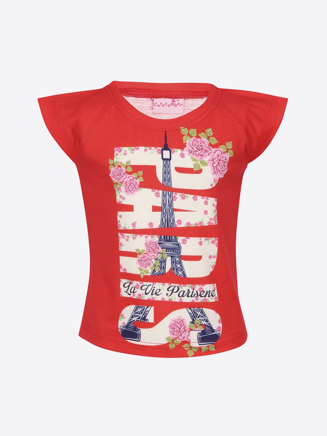 

CUTECUMBER Girls Red & White Eiffel Tower Print T-shirt