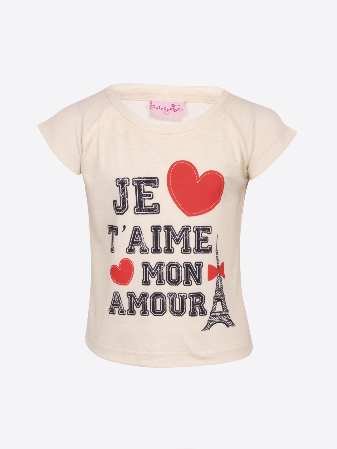 

CUTECUMBER Girls Cream-Coloured & Black Typography Print T-shirt