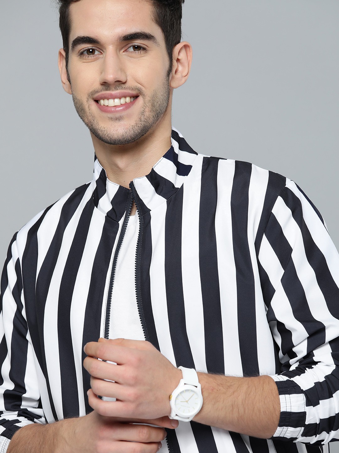 

Mast & Harbour Men Navy Blue & White Striped Lightweight Jacket