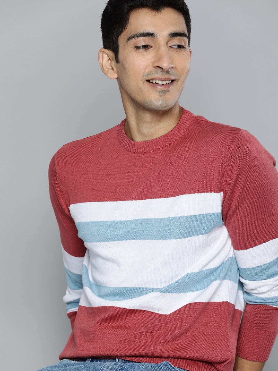 

Mast & Harbour Men Red & White Colourblocked Pullover Sweater