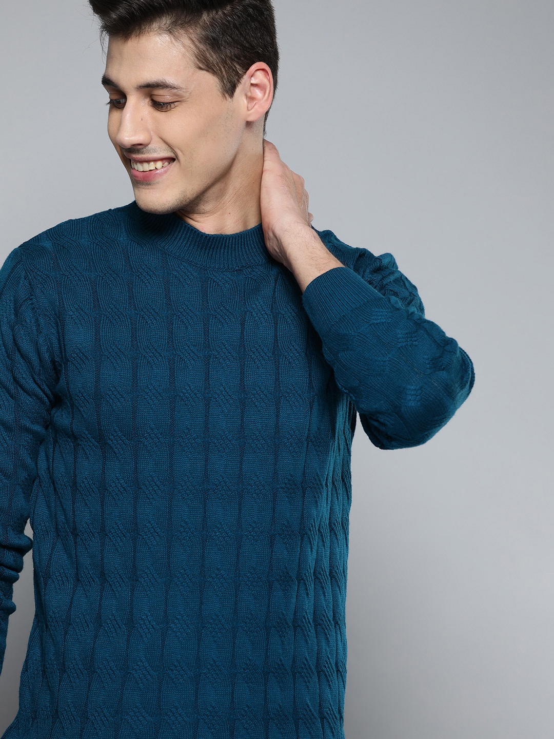 

Mast & Harbour Men Teal Blue Cable Knit Pullover