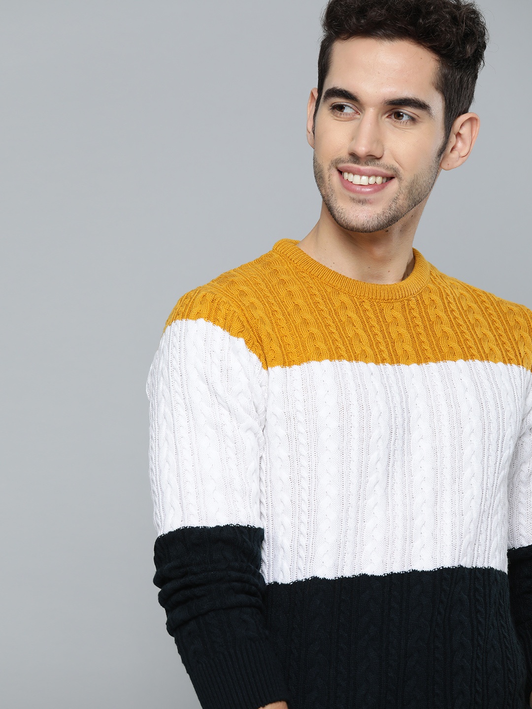 

Mast & Harbour Men Navy Blue & White Cable Knit Colourblocked Pullover Sweater
