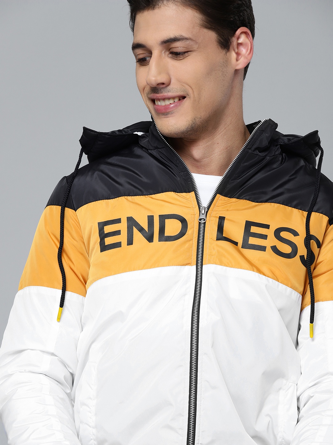 

Mast & Harbour Men White & Navy Blue Colourblocked Bomber Jacket