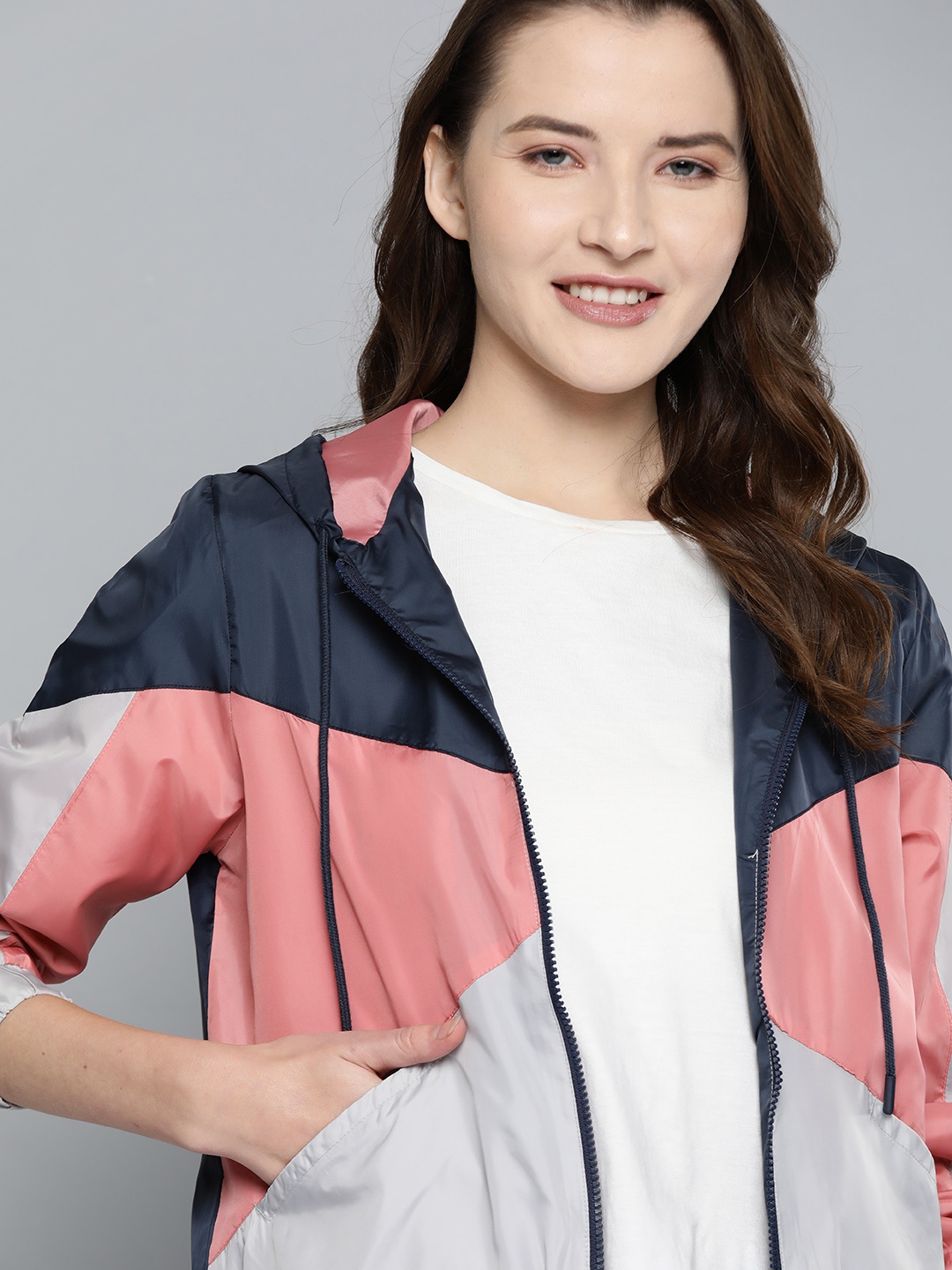 

Mast & Harbour Women Pink & Navy Blue Colourblocked Hooded Lightweight Bomber Jacket