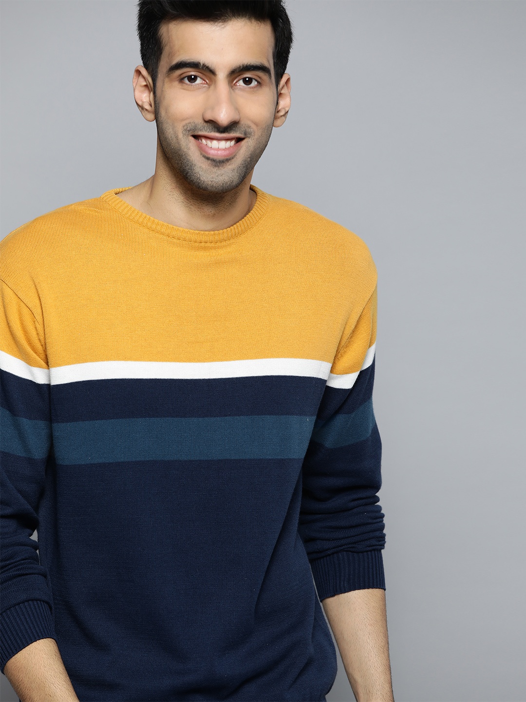 

Mast & Harbour Men Navy Blue & Mustard Yellow Colourblocked Pullover