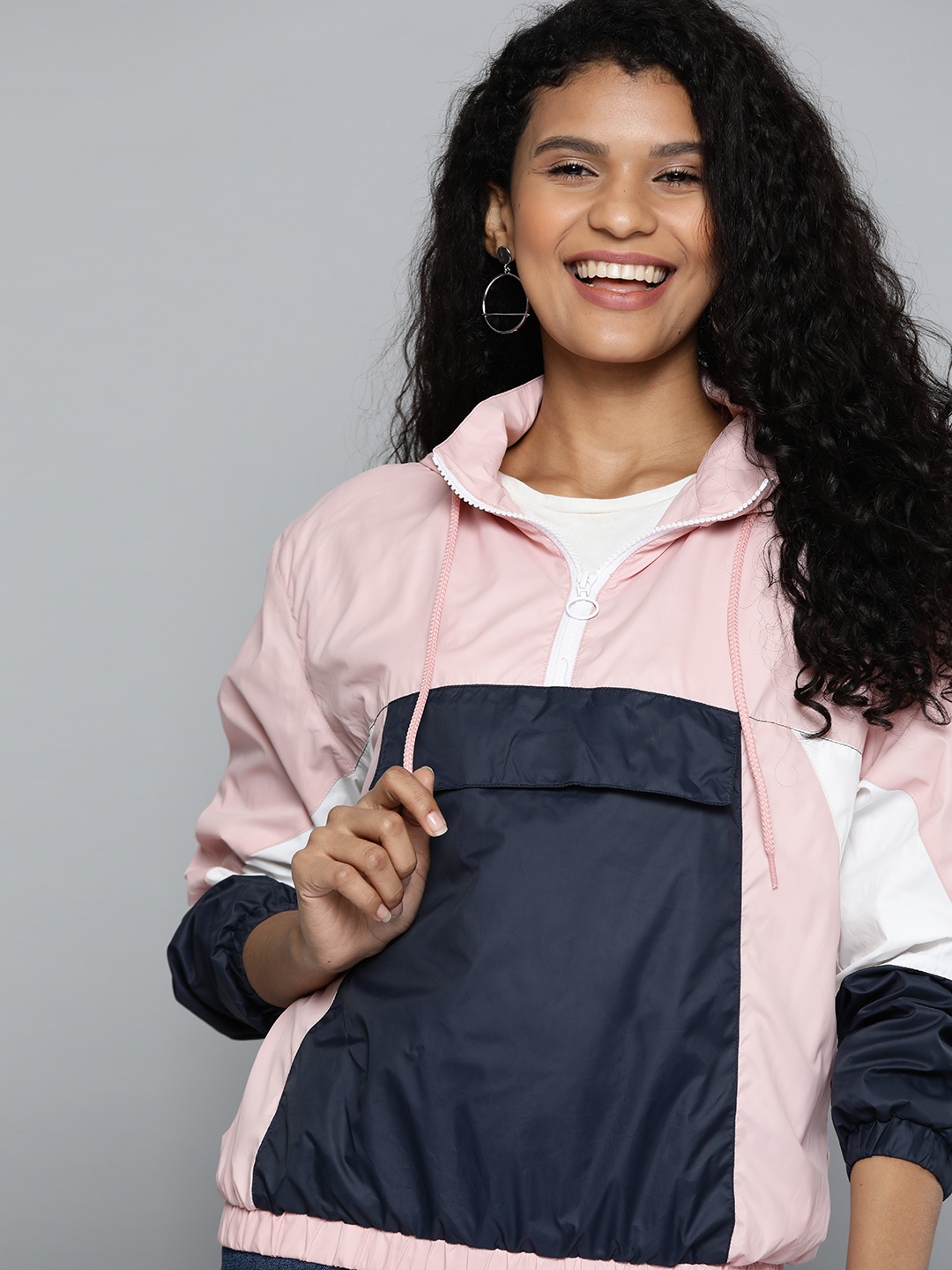 

Mast & Harbour Women Pink & Navy Blue Colourblocked Hooded Bomber Jacket