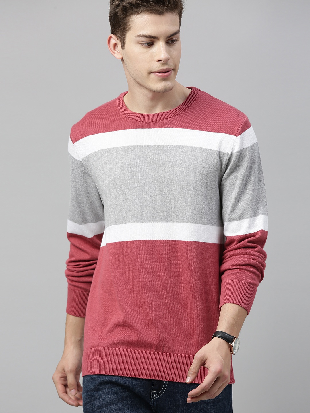 

Mast & Harbour Men Pink & Grey Melange Colourblocked Pullover Sweater